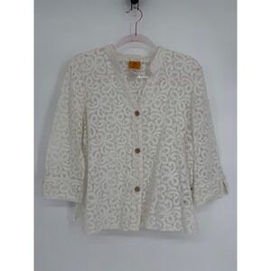 Ruby Rd White Lace Button Up Top 3/4 Sleeve Scroll Pattern V-Neck Size 12